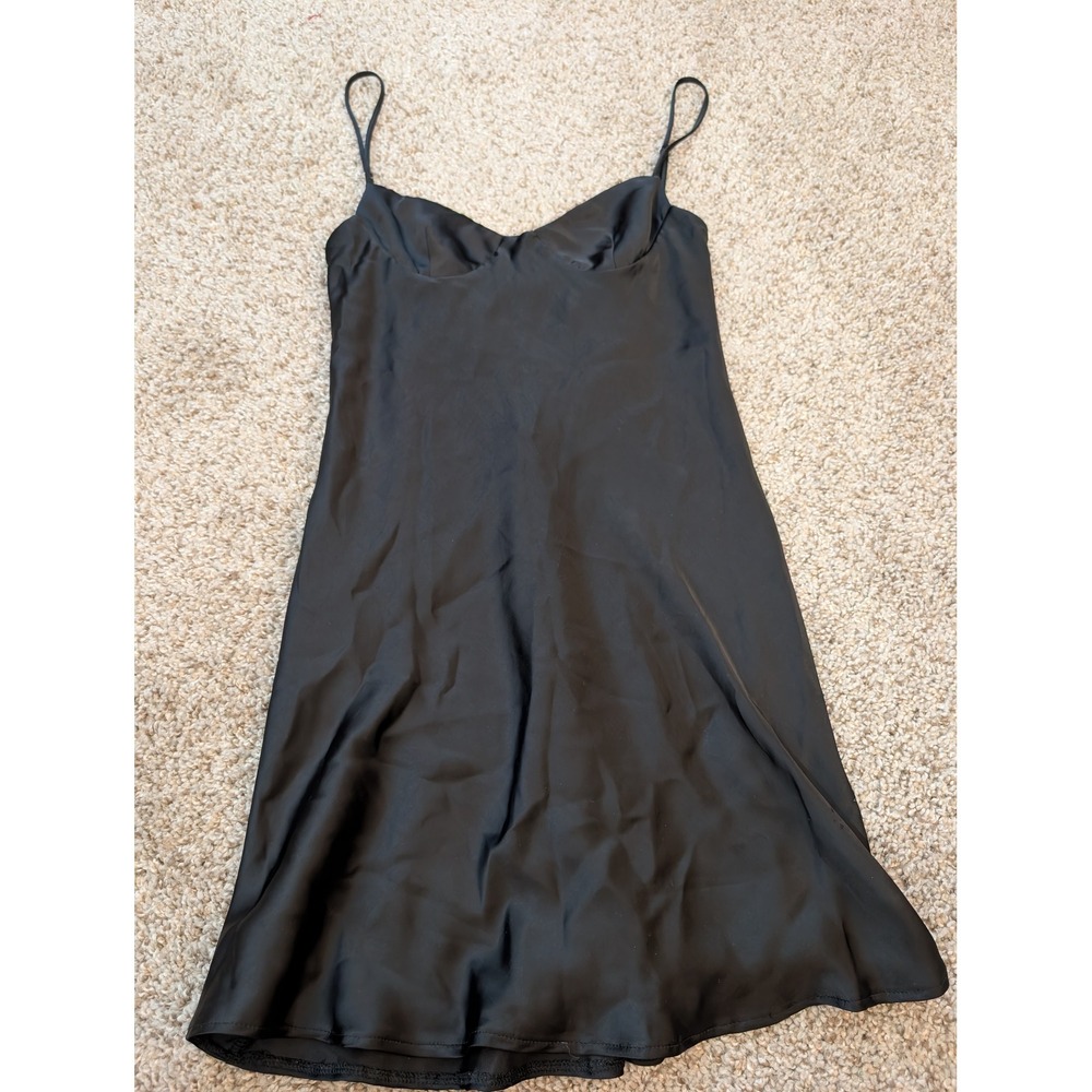 Zara Black Satin Mini Slip Dress Sweetheart Neck Cut Out Back XS